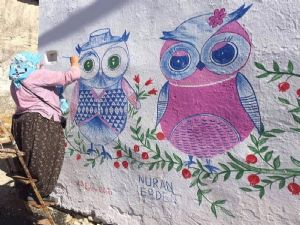 Köy evlerinin duvarlarını tuval yaptı